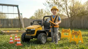A toddler wearing a plastic hard hat next to a 24 volt ride on construction toy with toy traffic cones.