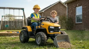 Two children sitting side-by-side in a large 2-seater 24 volt ride on construction tractor toy.