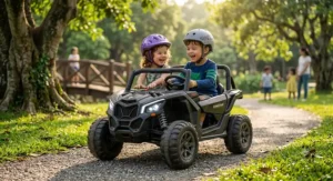 Two young siblings laughing while riding together in a spacious two-seater motorized ride on toy.