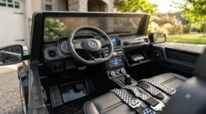 A spacious, two-seater realistic electric ride on truck featuring dual leather seats and adjustable safety seatbelts.