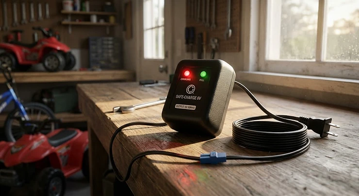 A 6-volt battery charger for ride on toys with a red and green LED status indicator light