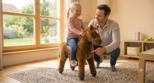 A parent unboxing and installing the handlebars on a new ride on horse toy battery operated.