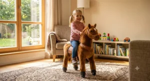 Luxury plush electric ride on horse toy with realistic fur and foot pedals for toddlers.