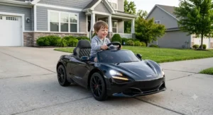 Black 12V ride on supercar for kids featuring glowing LED headlights and leather seating.