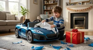 Excited young boy opening a metallic blue electric ride on supercar next to a birthday gift.