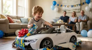 Young child enjoying a licensed BMW i8 ride-on car wrapped as a birthday gift.
