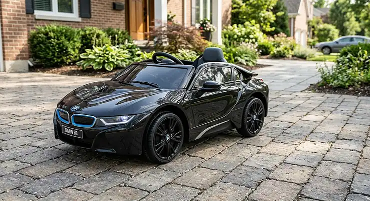 A black 12V BMW i8 ride-on car for kids parked on a paved driveway.