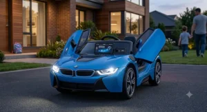 Kids BMW i8 ride-on car featuring working LED headlights and built-in MP3 music player.