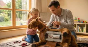 Connecting a 6 volt power charger to the hidden battery compartment of a kids ride on horse toy.