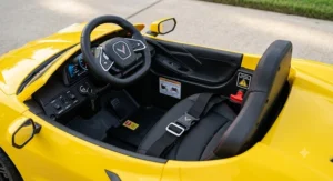 Detailed graphic of safety features on a Corvette ride-on car for toddlers including secure seatbelt.