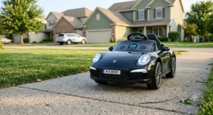 A black electric Porsche 911 ride on toy with working LED headlights parked on a paved sidewalk.