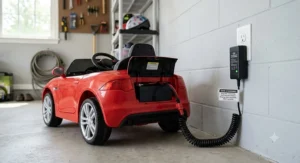 An electric ride on toy car battery charger demonstrating safe charging practices in a garage