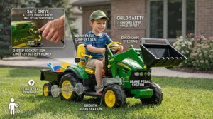 A detailed illustration highlighting safety features, parental speed controls, and adjustable seats on John Deere ride-on toys battery powered.