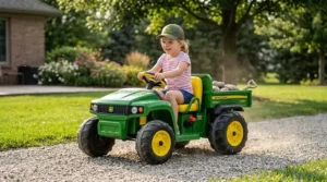An illustration of a kids John Deere Gator style ride-on toy powered by a rechargeable battery operating on a gravel driveway.