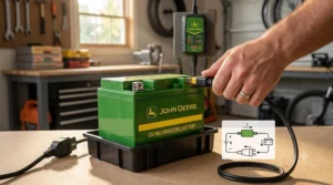 A close-up graphic showing how to plug in and charge a 12V battery for John Deere ride-on toys.