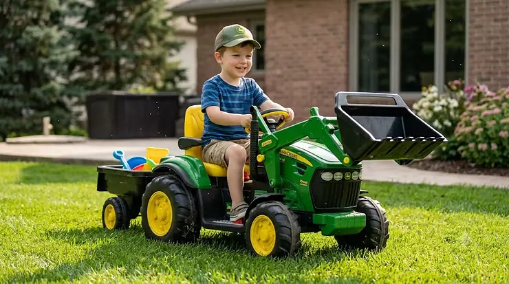 A young boy driving a John Deere ride-on toy tractor powered by a 12-volt battery on green grass.