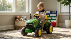 An illustration of a toddler riding a small 6-volt John Deere battery-powered ride-on tractor toy indoors.