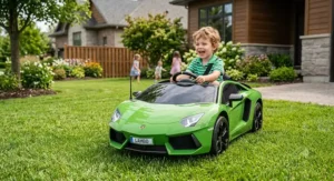 A young child smiling while driving a green licensed Lamborghini Aventador ride on car on a suburban backyard lawn.