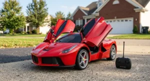 Red LaFerrari electric ride on car with parental remote control featuring open signature butterfly doors.