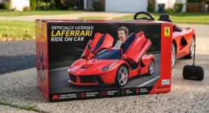 The retail packaging box for the licensed LaFerrari ride on car with parental remote control.