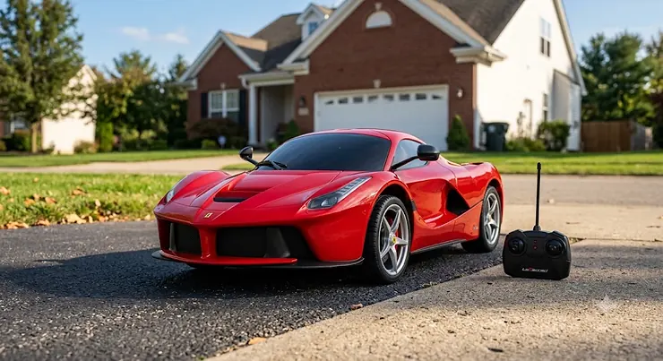 Red LaFerrari ride on car with remote control parked on a suburban driveway.