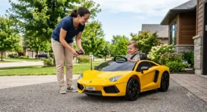 A parent holding a wireless remote control next to a licensed Lamborghini Aventador ride on toy.