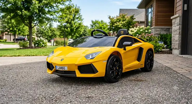 Yellow licensed Lamborghini Aventador ride on car for toddlers parked on a paved driveway. licensed lamborghini ride on aventador