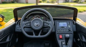 Detailed interior dashboard of a McLaren 12V ride-on car showing steering wheel buttons and MP3 music player