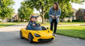 Parent using a 2.4GHz wireless remote control to guide a yellow McLaren 12V ride-on toy car