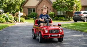 A young boy driving a red licensed Mercedes-Benz G63 AMG ride-on car for kids on a paved driveway.