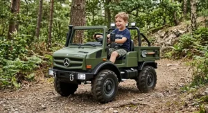 Rugged Mercedes-Benz Unimog off-road electric ride-on truck for kids with rubber EVA tires.