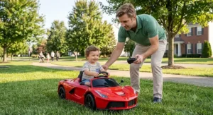 A dad using the parental remote control to guide his toddler driving a LaFerrari ride on car in a park.