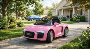 Pink Audi R8 battery powered ride on car for toddlers equipped with durable rubber wheels on a sidewalk