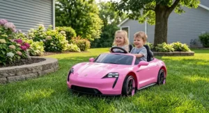Pink two-seater electric ride on supercar designed for toddlers and siblings to share.