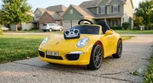 A yellow Porsche 911 ride on toy sports car featuring a parental remote control unit resting on the hood.