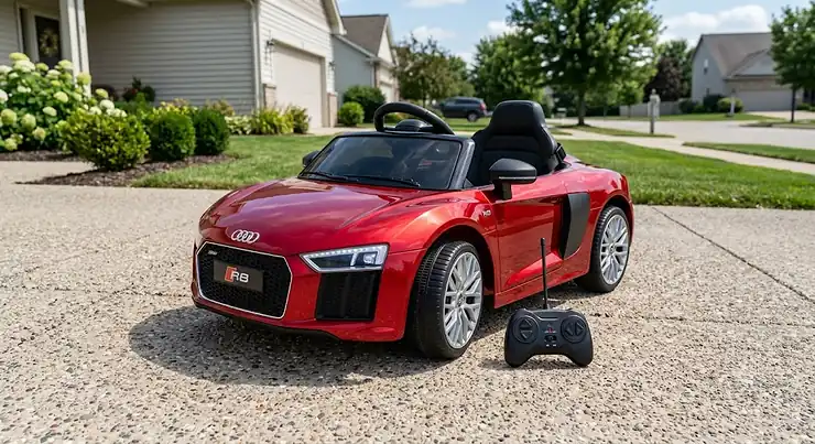 Red Audi R8 ride on car for toddlers parked on a suburban driveway with a wireless parent remote control