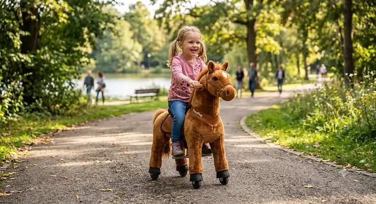 A toddler smiling while riding a plush battery operated ride on horse toy outdoors on a paved driveway. ride on horse toy battery operated