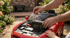 An infographic comparing the performance and capacity of a standard versus an upgraded battery for ride on toys.