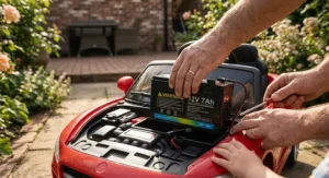 A close-up photorealistic image of a 12-volt rechargeable battery for ride on toys being held near the open front compartment of a red toy car, showing high detail and natural daylight.
