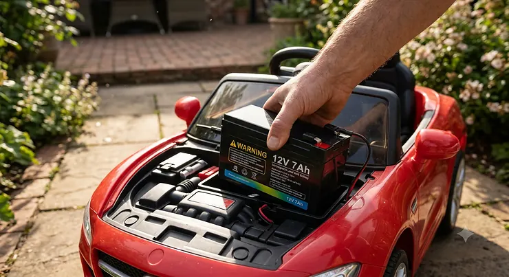 A high-quality photorealistic image of a 12-volt rechargeable battery for ride-on toys being held near the open engine compartment of a red children's toy car on a paved path.