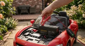 An illustration of a smart charger plug correctly connected to a battery for ride on toys, showing a green full-charge status.