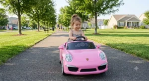 A young girl steering a pink Porsche 911 ride on toy car down a sunny neighborhood park walkway.