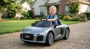 Happy toddler boy sitting inside a miniature licensed Audi R8 ride on car holding the steering wheel