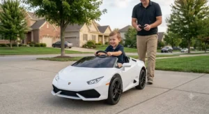 A boy steering a white luxury Lamborghini ride-on car for kids while a parent holds the wireless remote control.
