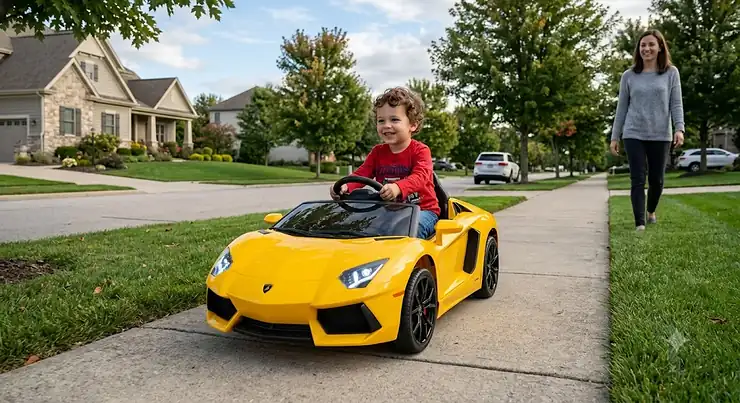 A toddler driving a bright yellow Lamborghini Aventador ride-on car for kids on a suburban sidewalk.