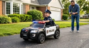 12V power wheels police car ride on with realistic siren and red blue strobe lights, controlled with parent remote control