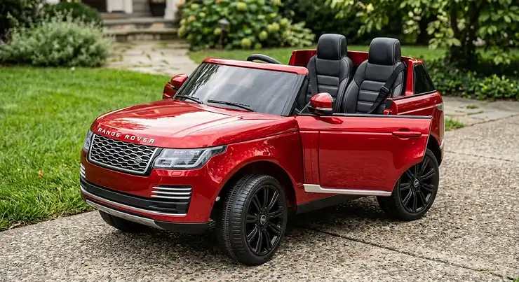 Red 24V Range Rover ride-on car with realistic two-seater design and leather interior for kids. range rover ride on car 24v