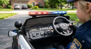 Detailed dashboard view of a battery powered police car ride on featuring toggle switches for siren audio and flashing lightbar