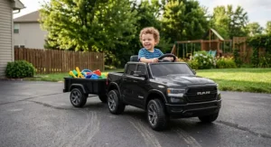 A young boy smiling while operating a battery-powered Ram truck ride-on toy with a trailer.