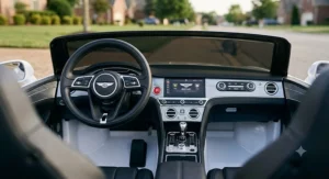 Detailed interior of a Bentley ride-on car featuring start button, sound controls, and steering wheel.